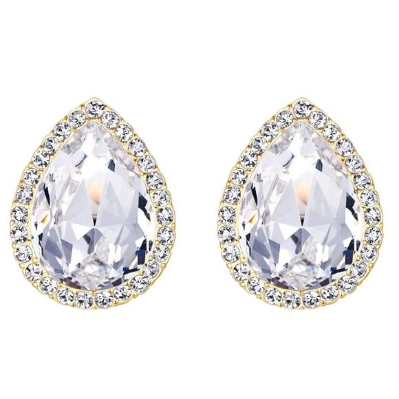 Yellow Gold with White Diamond Austrian Crystal Teardrop Stud Post Back Earrings - Picture 1 of 4